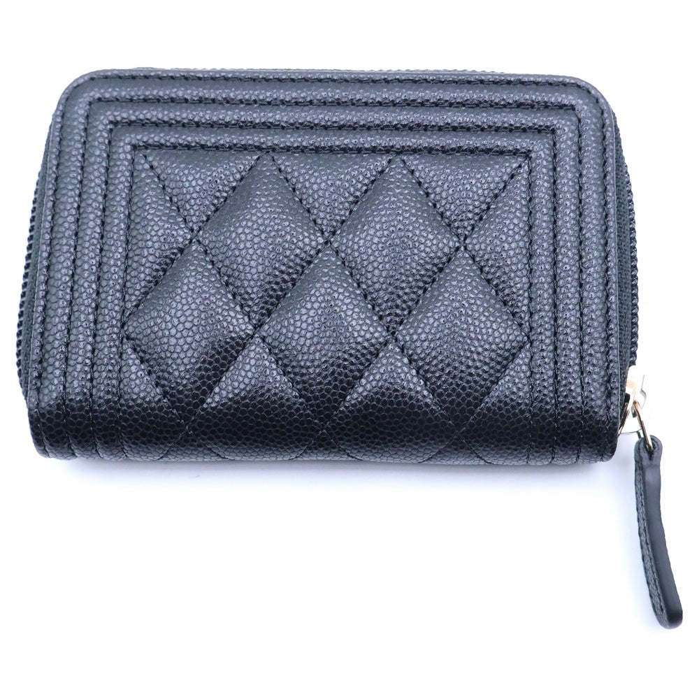 CHANEL(シャネル) ボーイシャネル コンパクトウォレット ミニ財布 コインケース ブラック キャビアスキン ゴールド金具 レディース