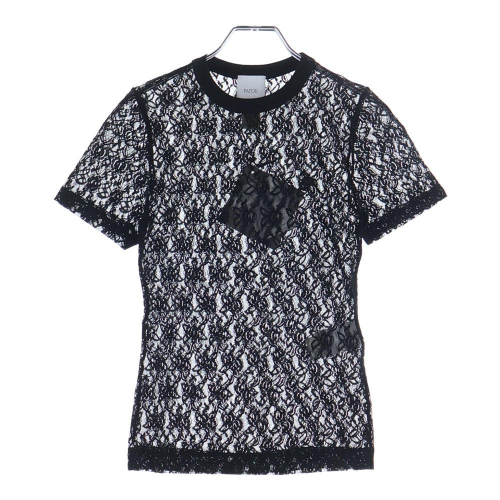 PATOU(パトゥー) 26SS ナイロン レース総柄 クルーネック 半袖Tシャツ カットソー ブラック レディース 26S-JE238-9965