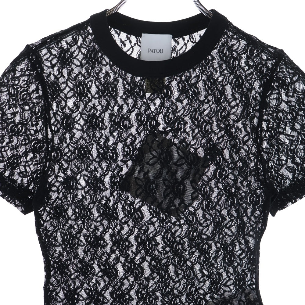 PATOU(パトゥー) 26SS ナイロン レース総柄 クルーネック 半袖Tシャツ カットソー ブラック レディース 26S-JE238-9965