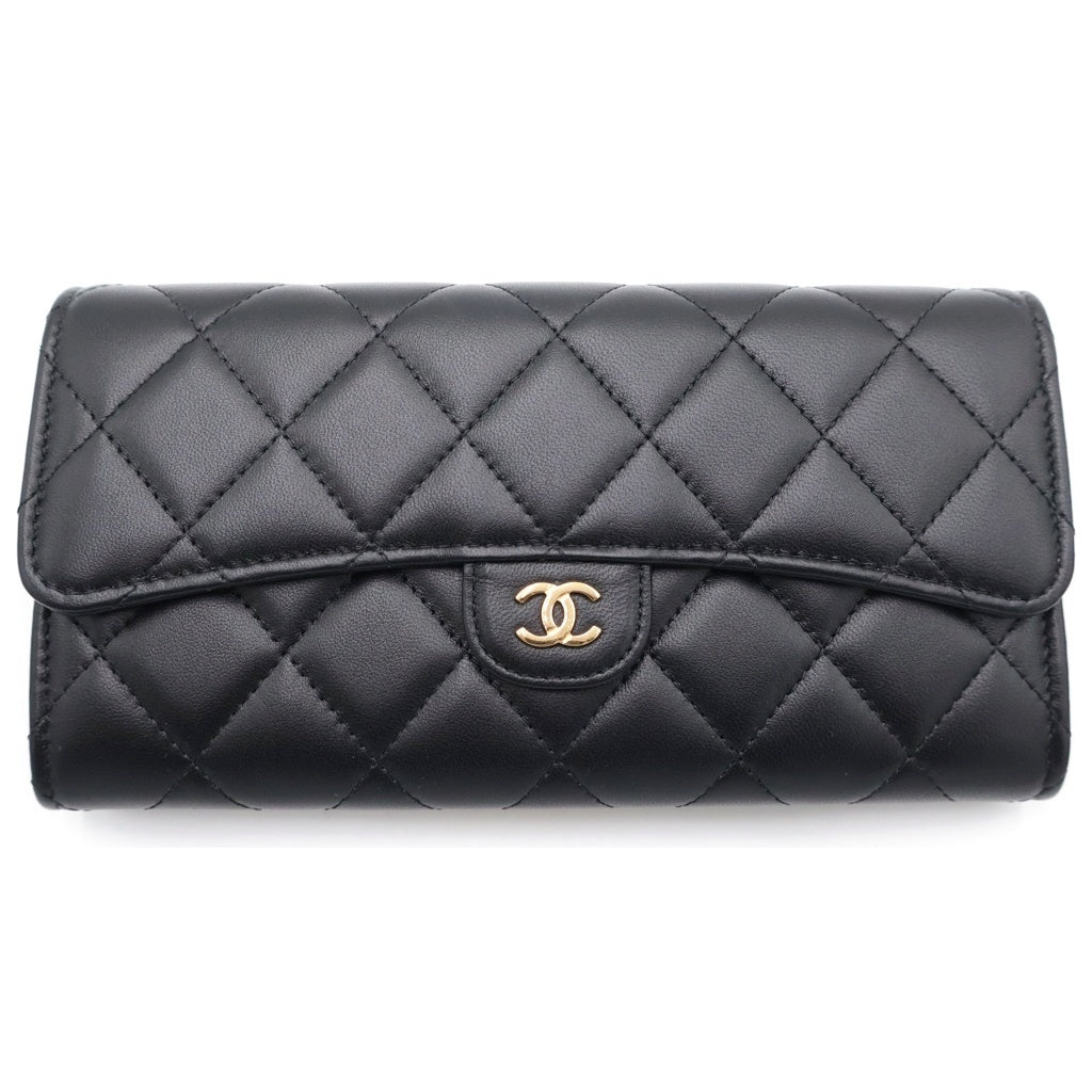 CHANEL(シャネル) マトラッセ ロングフラップ ウォレット 長財布 カードケース ブラック ラムスキン AP0241 ゴールド金具 レディース