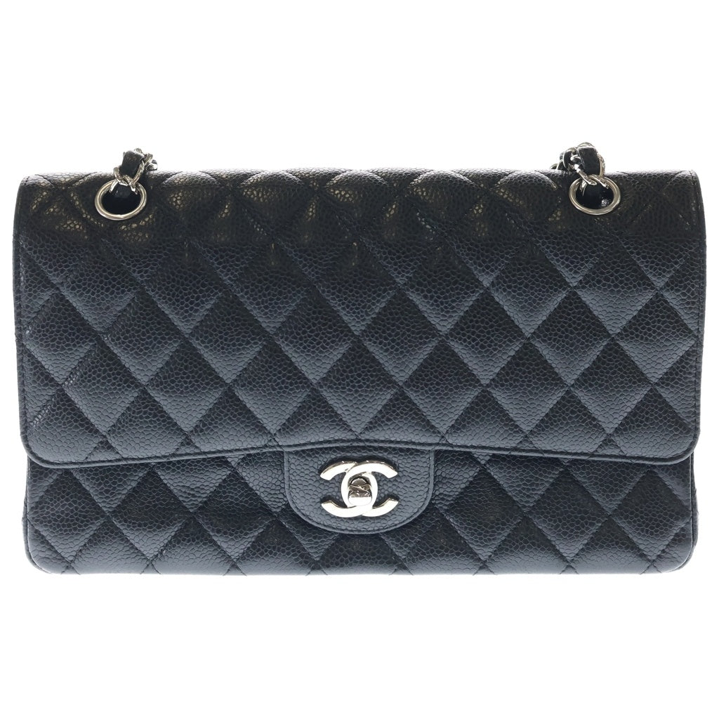 CHANEL(シャネル) マトラッセ25 Wフラップ Wチェーンショルダーバッグ ハンドバッグ ブラック キャビアスキン シルバー金具 レディース