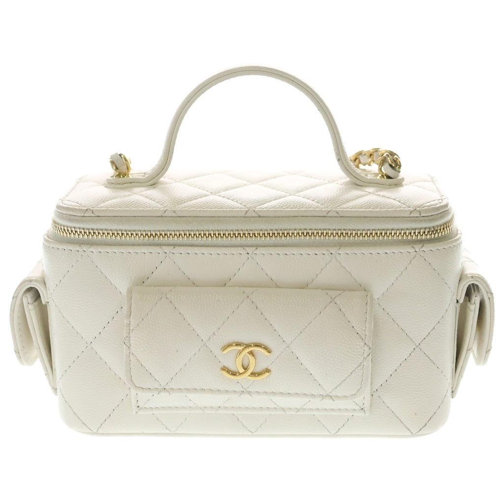 CHANEL(シャネル) マトラッセ チェーンクラッチバニティ ショルダーバッグ ミニバッグ ホワイト キャビアスキン AP3017 ゴールド金具 レディース