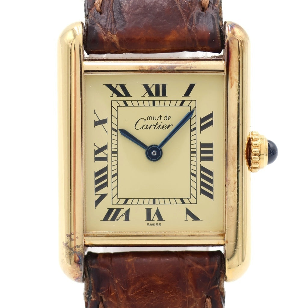 Cartier(カルティエ) マストタンクSM シルバーギルト アイボリー文字盤 レザーベルト クォーツウォッチ 腕時計 ゴールド/ブラウン W1003153 レディース