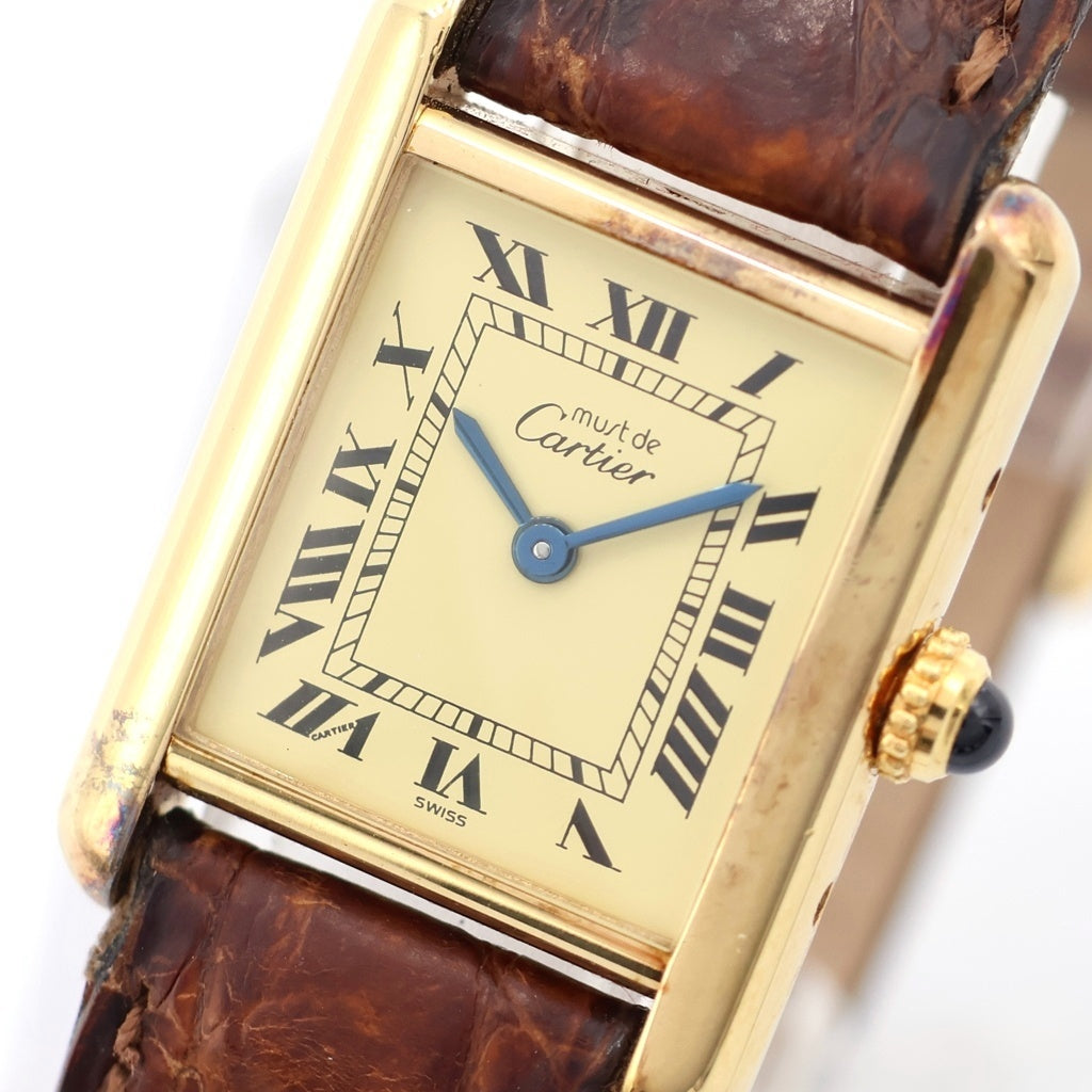 Cartier(カルティエ) マストタンクSM シルバーギルト アイボリー文字盤 レザーベルト クォーツウォッチ 腕時計 ゴールド/ブラウン W1003153 レディース