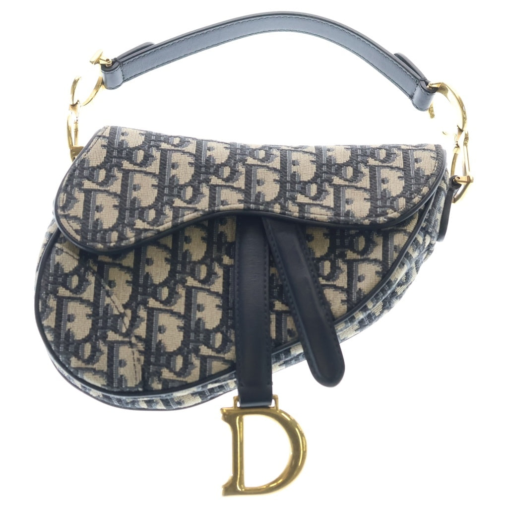 Christian Dior(クリスチャンディオール) オブリーク サドルバッグ トップハンドルバッグ ハンドバッグ ネイビー レザー×キャンバス ゴールド金具 レディース