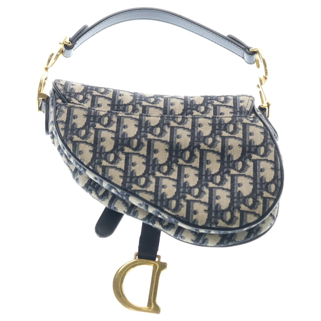 Christian Dior(クリスチャンディオール) オブリーク サドルバッグ トップハンドルバッグ ハンドバッグ ネイビー レザー×キャンバス ゴールド金具 レディース
