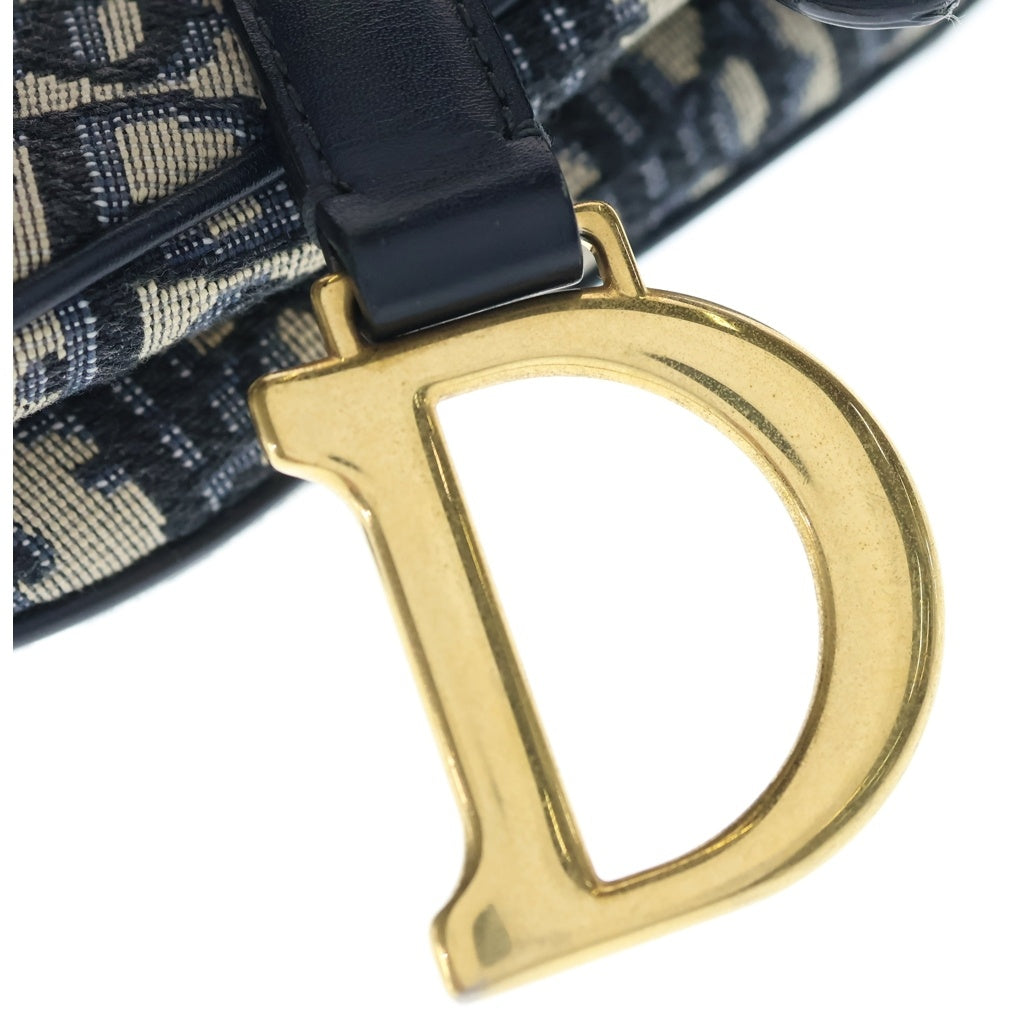 Christian Dior(クリスチャンディオール) オブリーク サドルバッグ トップハンドルバッグ ハンドバッグ ネイビー レザー×キャンバス ゴールド金具 レディース