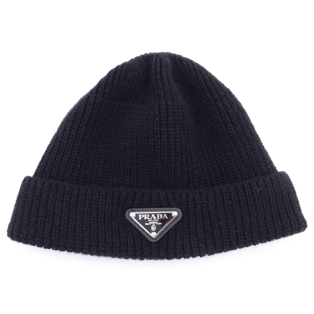 PRADA(プラダ) トライアングルロゴプレート カシミヤ混 ウール ニットキャップ 帽子 ビーニー ブラック 2HC42