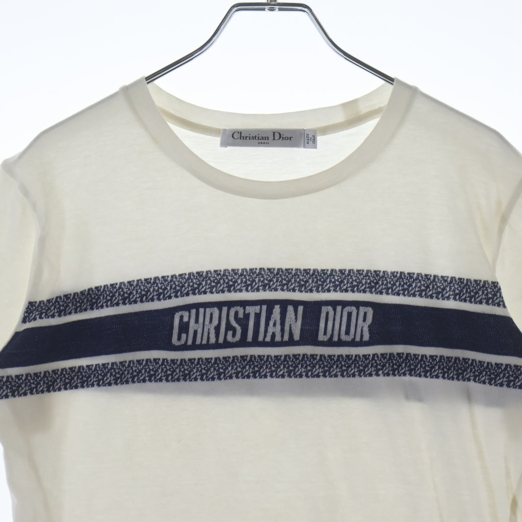 Christian Dior(クリスチャンディオール) シグネチャーバンド ロゴ Tシャツ ホワイト×ネイビー コットン #XS 143T04A4043 レディース