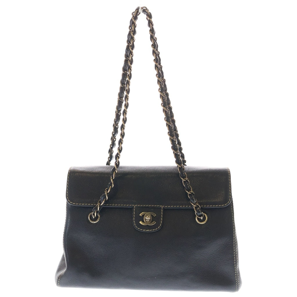 CHANEL(シャネル) ターンロック ステッチ チェーントートバッグ ショルダーバッグ ブラック キャビアスキン シルバー金具 レディース