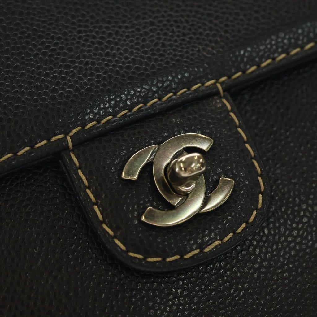 CHANEL(シャネル) ターンロック ステッチ チェーントートバッグ ショルダーバッグ ブラック キャビアスキン シルバー金具 レディース