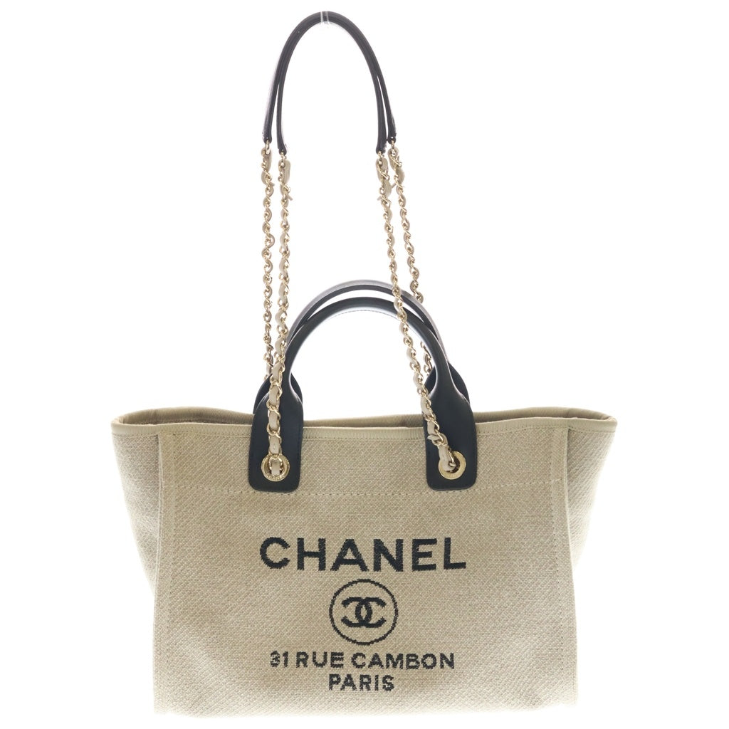 CHANEL(シャネル) ドーヴィルMM キャンバス×レザー ゴールド金具 2WAY ハンドバッグ チェーン トートバッグ AS3257 ベージュ/ブラック レディース