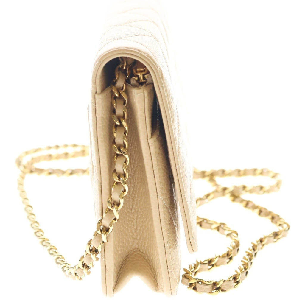CHANEL(シャネル) マトラッセ ココマーク キャビアスキン ゴールド金具 チェーンウォレット ショルダーバッグ AP0250 プレート ベージュ レディース