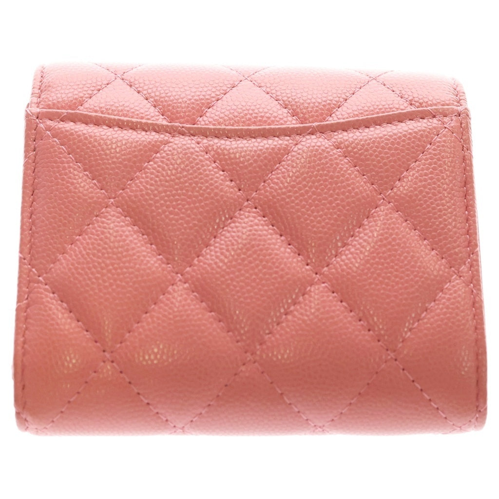 CHANEL(シャネル) マトラッセ 三つ折り財布 コンパクトウォレット コインケース ピンク キャビアスキン ゴールド金具 レディース