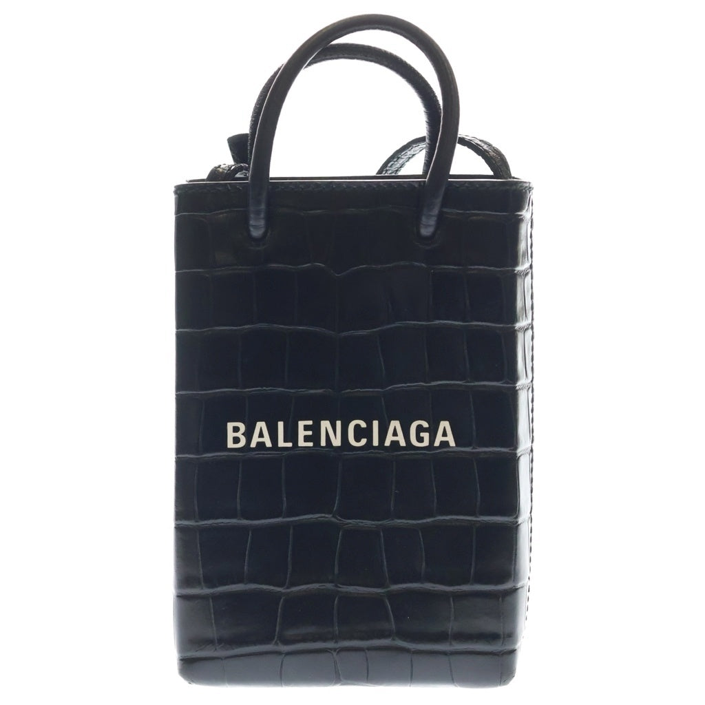 BALENCIAGA(バレンシアガ) ショッピング フォンホルダー クロコ型押し エンボス レザー 2WAY ハンド ショルダーバッグ ブラック 593826 レディース