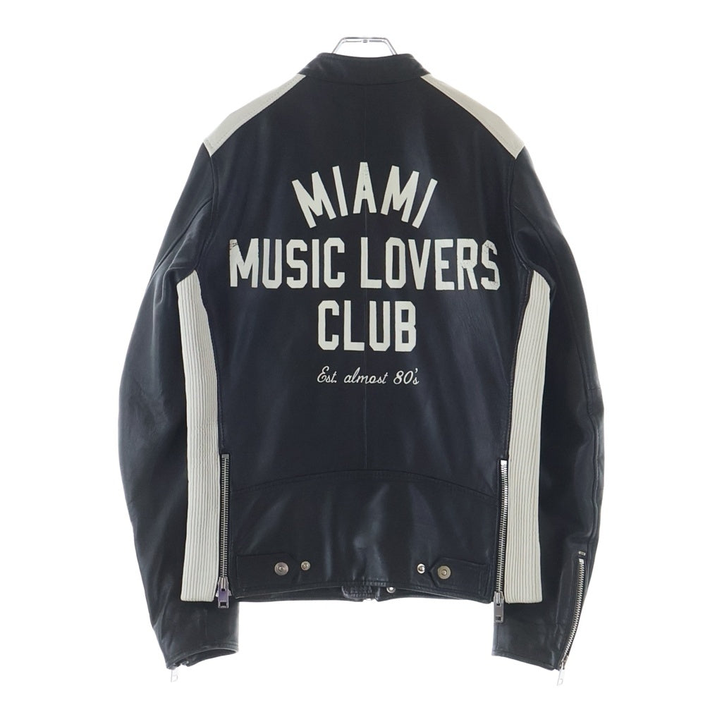 DIESEL(ディーゼル) MIAMI MUSIC LOVERS CLUB バックプリント シープスキン レザー ジップアップ シングルライダースジャケット ブラック