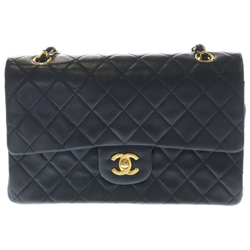 CHANEL(シャネル) マトラッセ25 Wフラップ Wチェーンショルダーバッグ ブラック ラムスキン ゴールド金具 レディース