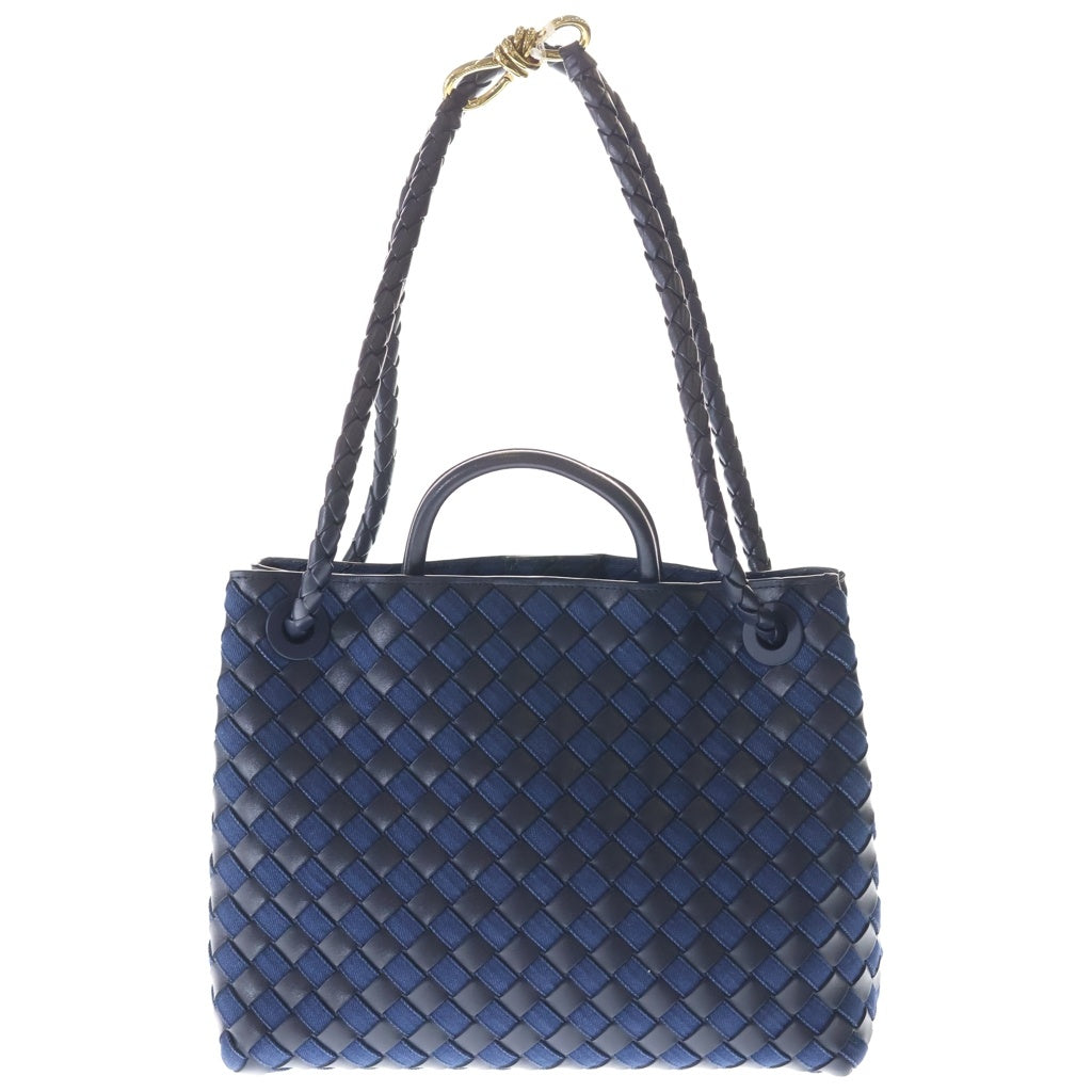 BOTTEGA VENETA(ボッテガヴェネタ) イントレチャート アンディアーモ ミディアム 2WAYハンドバッグ トートバッグ 肩掛けバッグ ネイビー レザー×デニム ゴールド金具 レディース