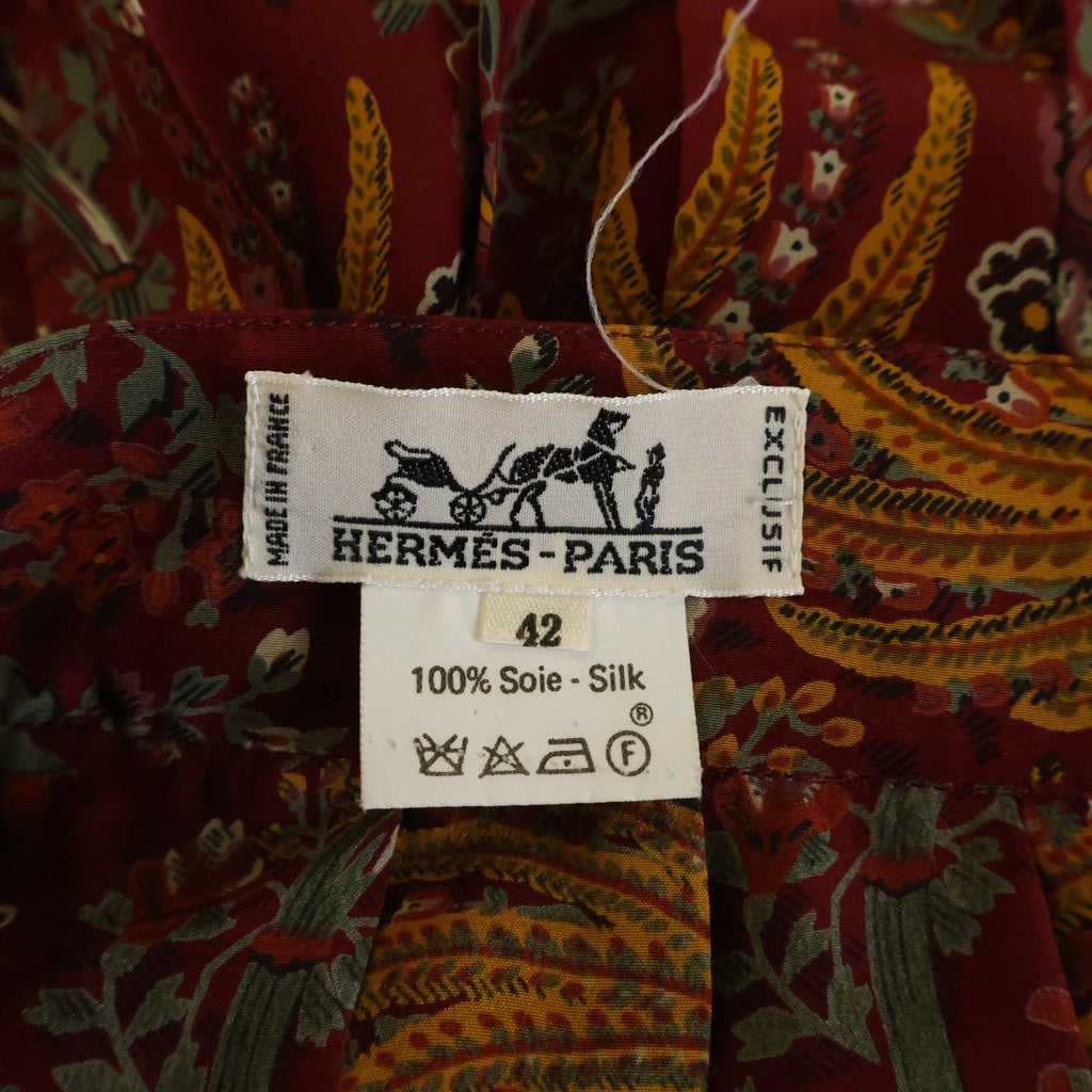 HERMES(エルメス) プリーツスカート ペイズリー柄 シルク レッド レディース 42 サイズ
