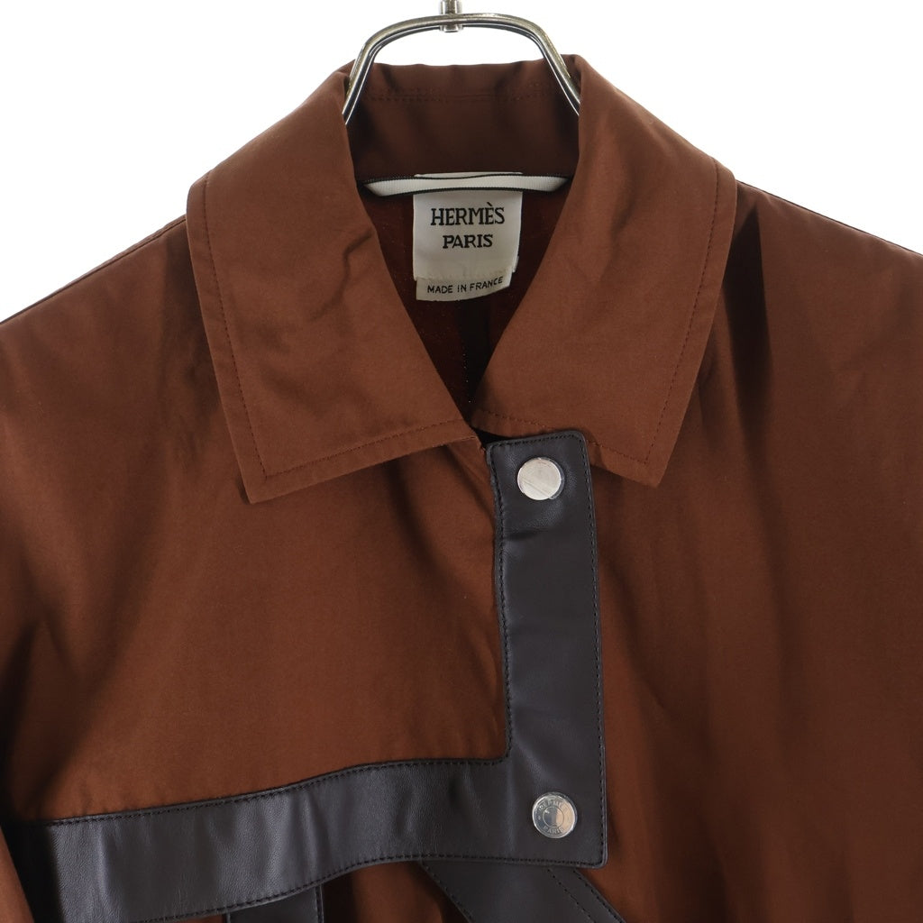 HERMES(エルメス) ラムレザー切り替え アシンメトリー ベルテッドロングコート コットン フランス製 ブラウン系 レディース 5E0146DE