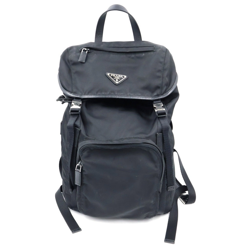 PRADA(プラダ) Re-Nylon ロゴ三角プレート バックパック リュックサック ブラック ナイロン×レザー BZ0039 シルバー金具 レディース