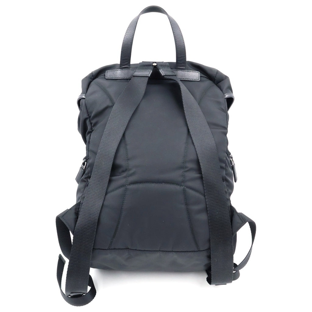 PRADA(プラダ) Re-Nylon ロゴ三角プレート バックパック リュックサック ブラック ナイロン×レザー BZ0039 シルバー金具 レディース