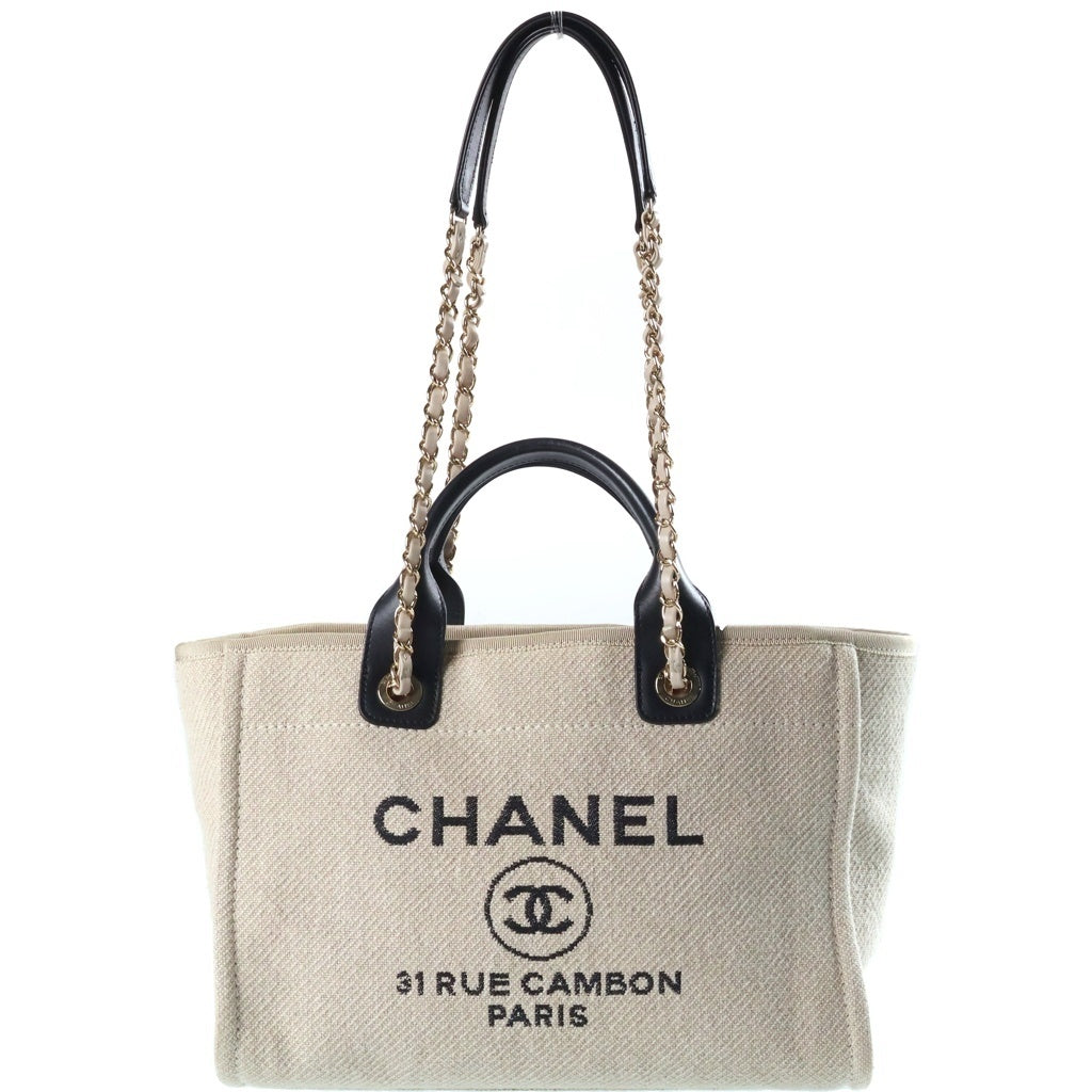 CHANEL(シャネル) ドーヴィルMM 2WAYショルダーバッグ チェーントートバッグ ハンドバッグ ベージュ×ブラック レザー×キャンバス ゴールド金具 レディース