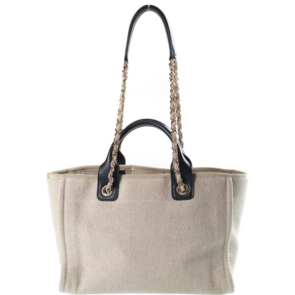 CHANEL(シャネル) ドーヴィルMM 2WAYショルダーバッグ チェーントートバッグ ハンドバッグ ベージュ×ブラック レザー×キャンバス ゴールド金具 レディース