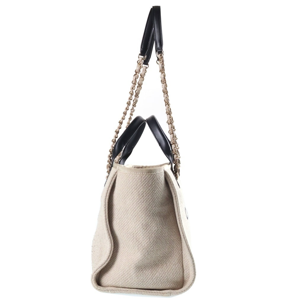 CHANEL(シャネル) ドーヴィルMM 2WAYショルダーバッグ チェーントートバッグ ハンドバッグ ベージュ×ブラック レザー×キャンバス ゴールド金具 レディース
