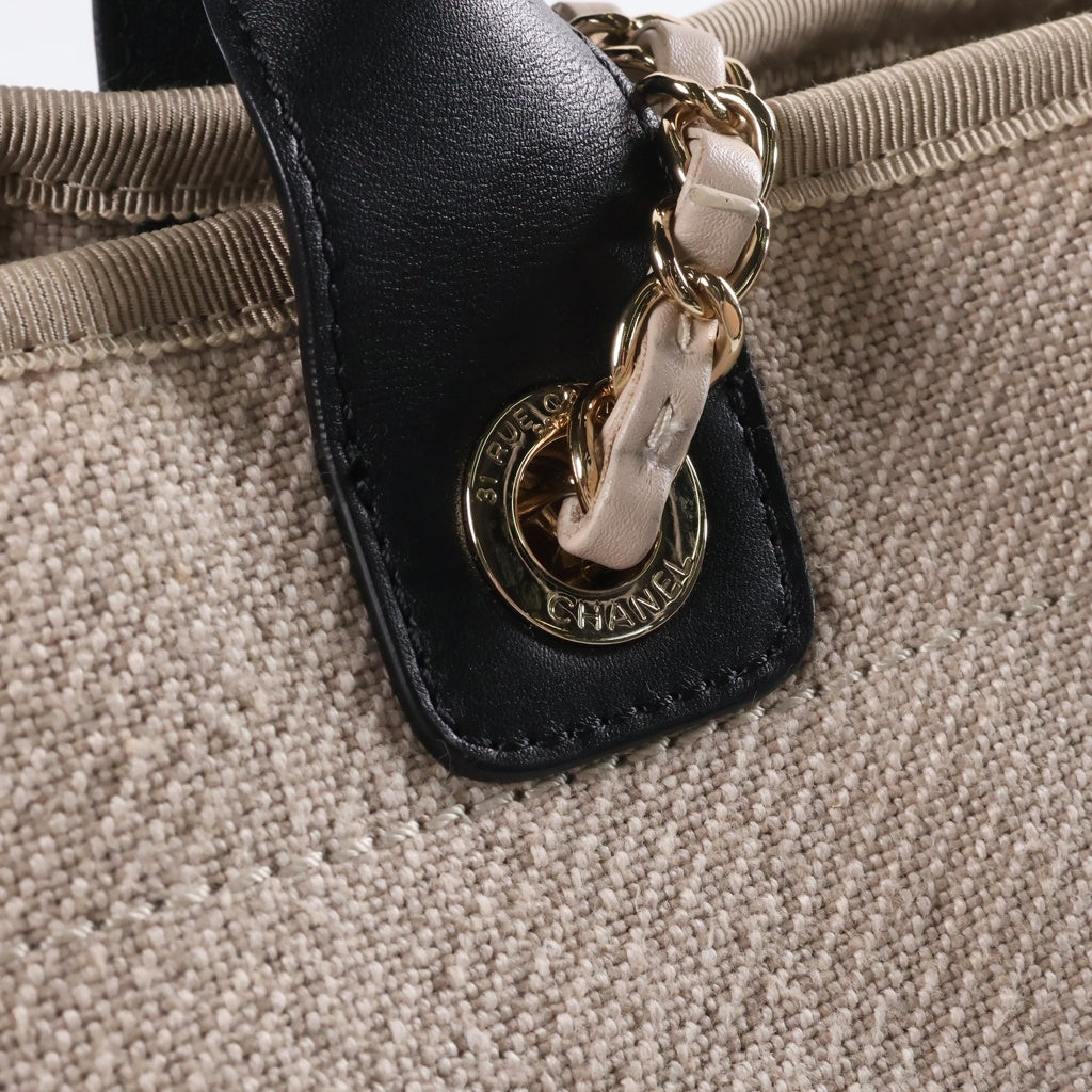 CHANEL(シャネル) ドーヴィルMM 2WAYショルダーバッグ チェーントートバッグ ハンドバッグ ベージュ×ブラック レザー×キャンバス ゴールド金具 レディース