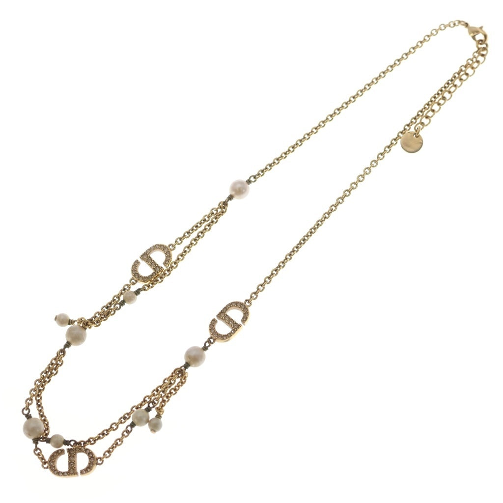Christian Dior(クリスチャンディオール) CDロゴ ラインストーン フェイクパール ネックレス ゴールド GP レディース