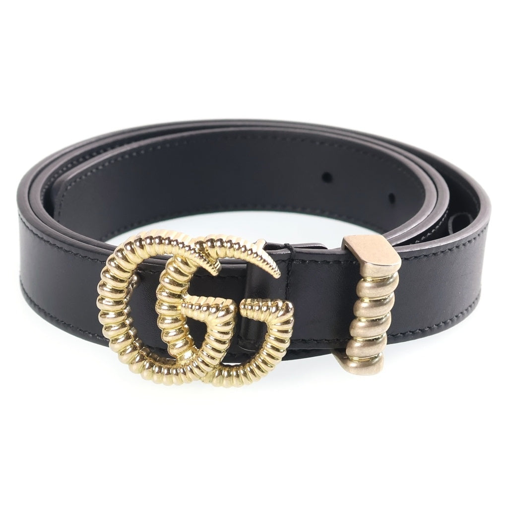 GUCCI(グッチ) ダブルG トーション レザーベルト ブラック 80/32 524103 ゴールド金具 レディース