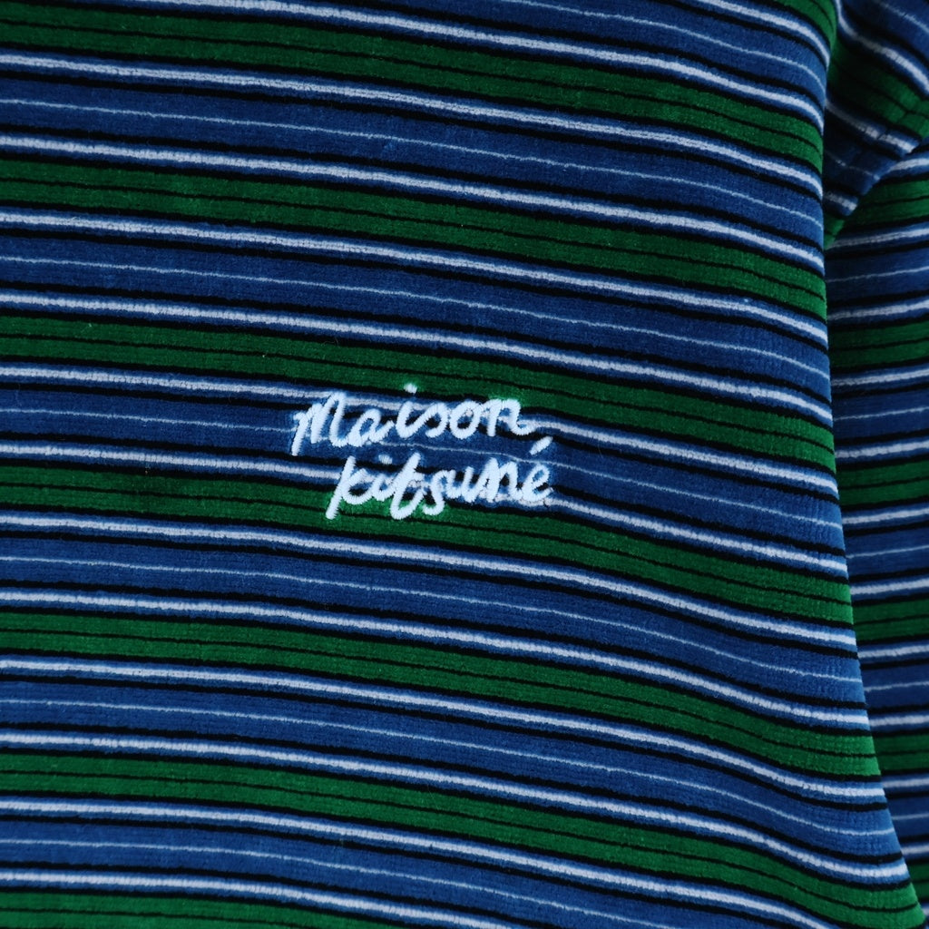 MAISON KITSUNE(メゾンキツネ) ロゴ刺繍 ベルベット ロンT クルーネック長袖トップス ブルー×グリーン NM00103KA0021