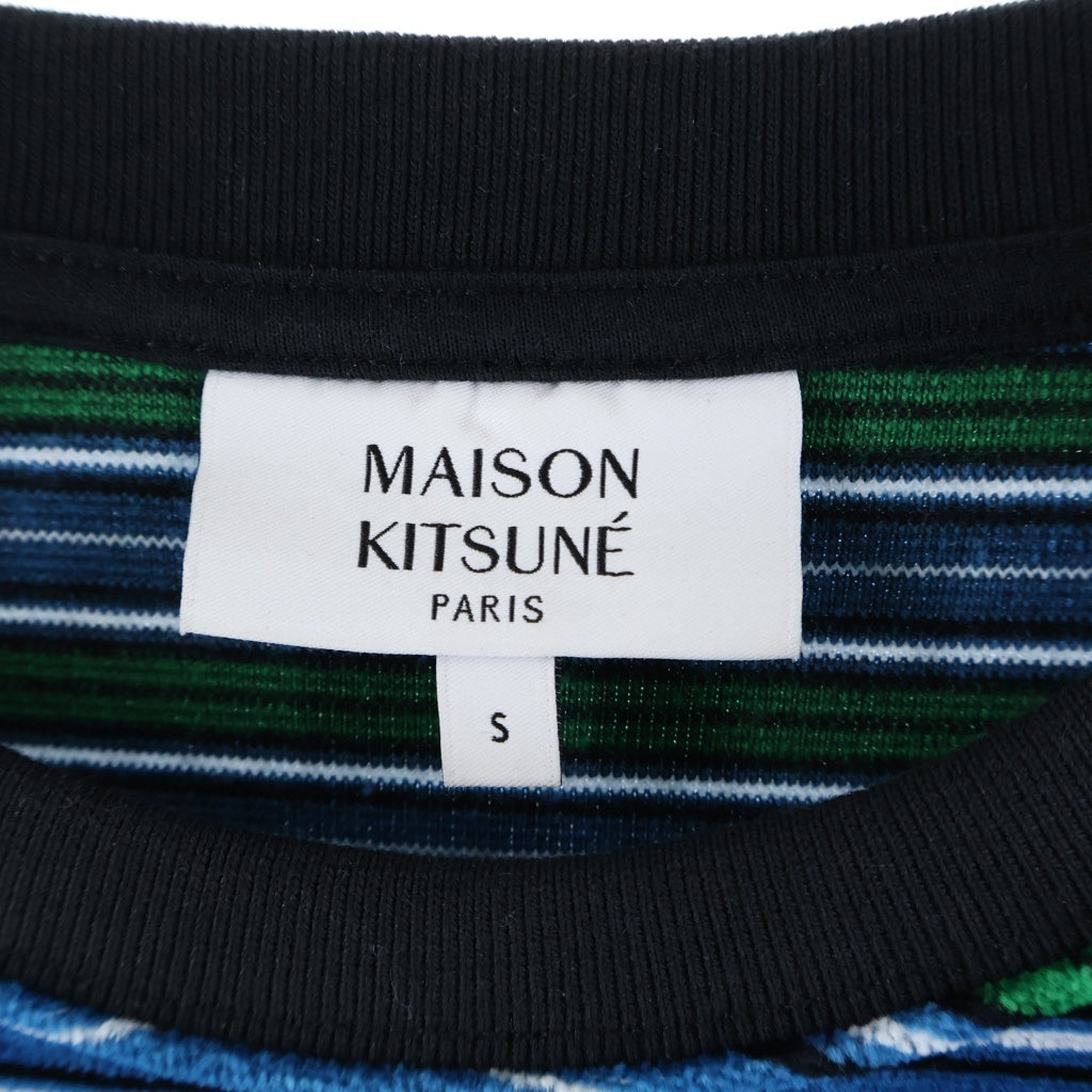 MAISON KITSUNE(メゾンキツネ) ロゴ刺繍 ベルベット ロンT クルーネック長袖トップス ブルー×グリーン NM00103KA0021