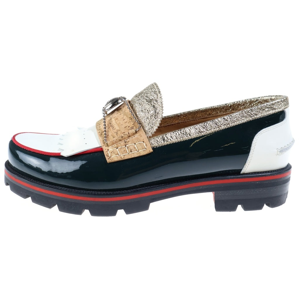 CHRISTIAN LOUBOUTIN(クリスチャンルブタン) コルクフリンジ パテント コンビレザー ローカットシューズ ローファー グリーン/ホワイト