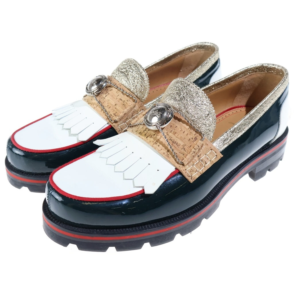CHRISTIAN LOUBOUTIN(クリスチャンルブタン) コルクフリンジ パテント コンビレザー ローカットシューズ ローファー グリーン/ホワイト