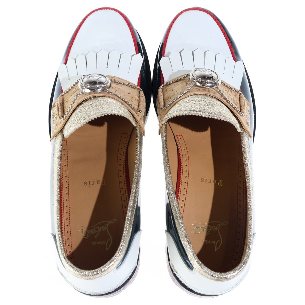 CHRISTIAN LOUBOUTIN(クリスチャンルブタン) コルクフリンジ パテント コンビレザー ローカットシューズ ローファー グリーン/ホワイト
