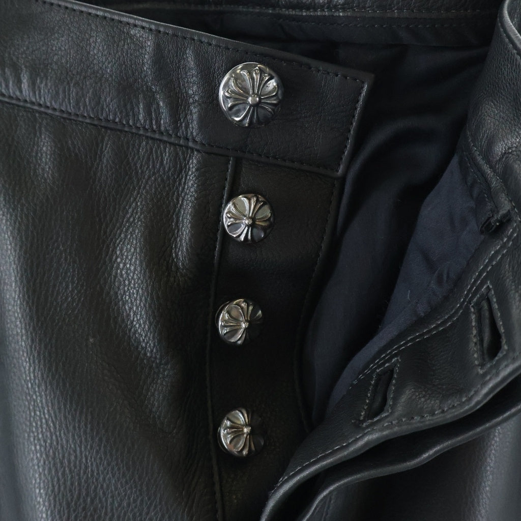 CHROME HEARTS(クロムハーツ) LTHR PANTS フレアニー クロスボールボタンフライ レザーパンツ ブラック