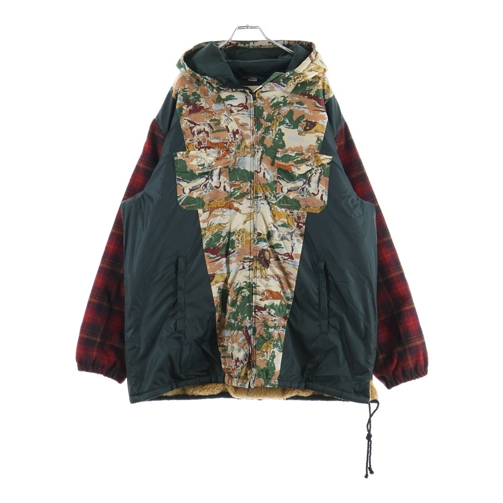 GUCCI(グッチ) 異素材 アニマル アームチェック柄 ジップフーデッドコート グリーン×レッド 595445 Z4937