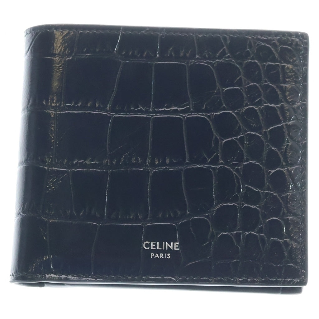CELINE(セリーヌ) バイフォールドウォレット 2つ折り財布 型押しクロコダイル レザー ブラック レディース