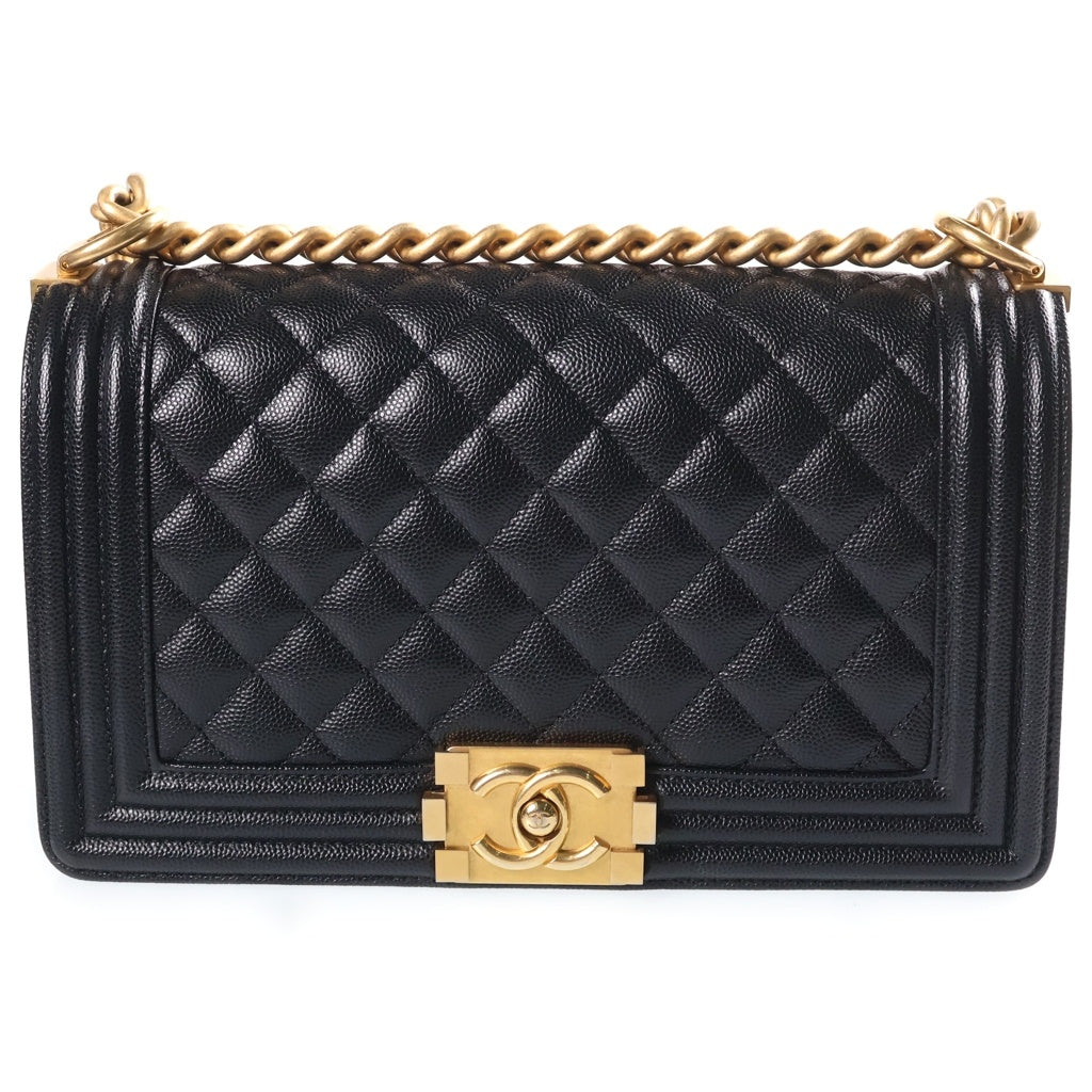 CHANEL(シャネル) ボーイシャネル25 チェーンショルダーバッグ ブラック キャビアスキン プレートシリアル A67086?ゴールド金具 レディース