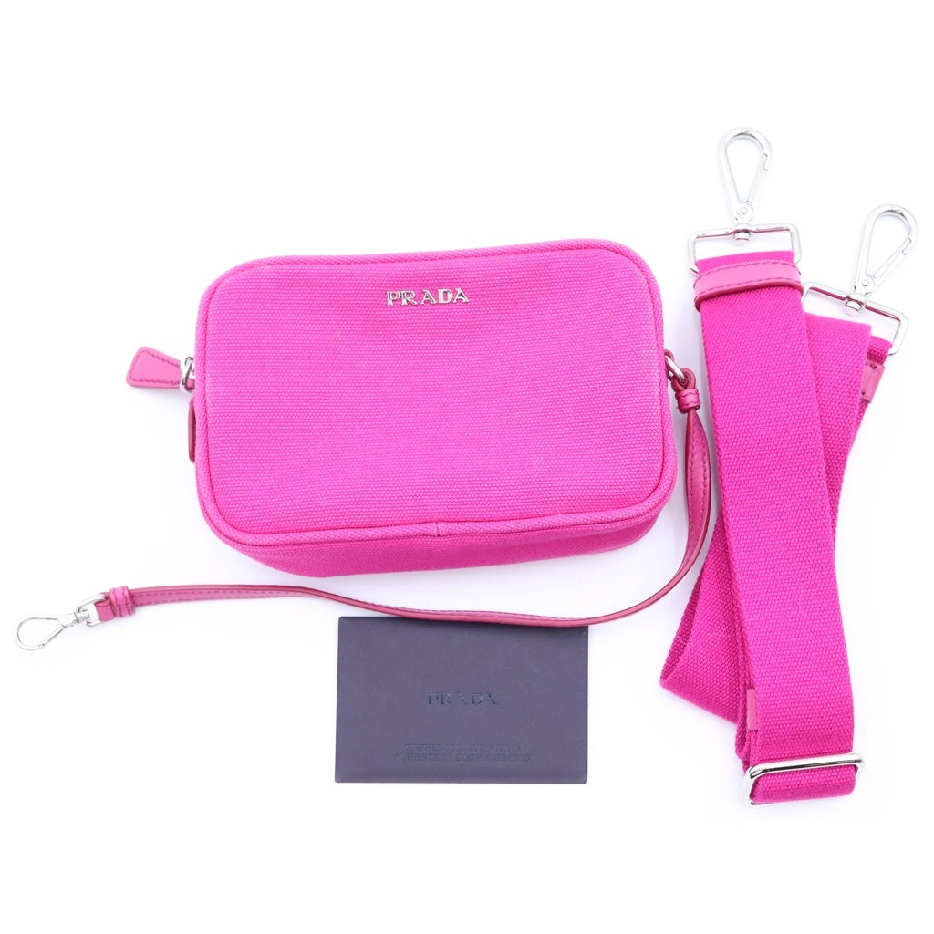 PRADA(プラダ) カナパ グロメット トライアングルロゴプレート アイレット ハトメ キャンバス 2WAY ハンド ショルダーバッグ シルバー金具 ピンク 1BG439 レディース