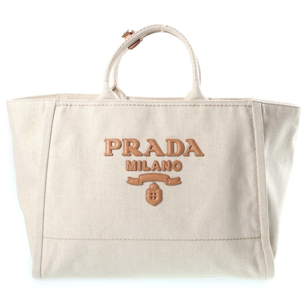 PRADA(プラダ) ジャルディニエール リネンブレンド ハンドバッグ トートバッグ アイボリー レザー×キャンバス 2VG125 ゴールド金具 レディース