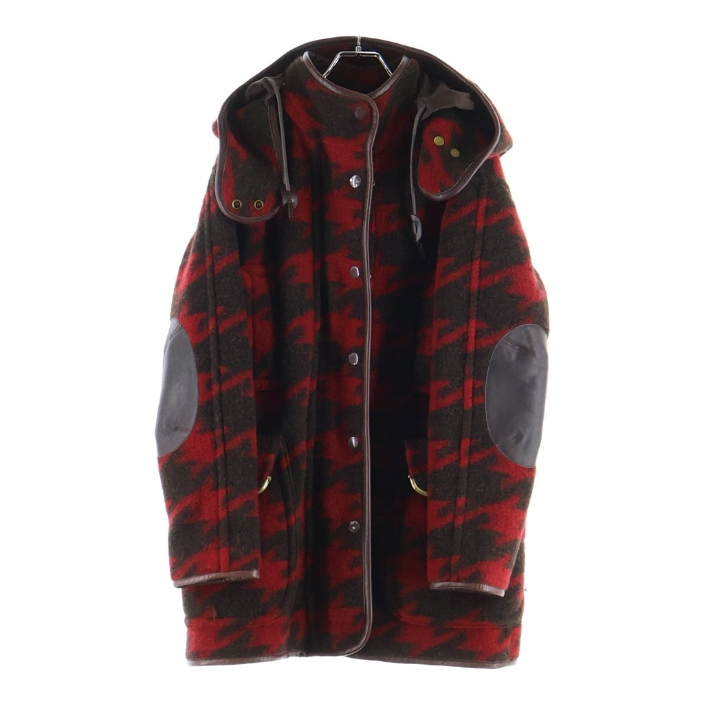 COACH(コーチ) 千鳥柄 エルボーパッチ フード付きウールコート レッド×ブラウン #XS レディース