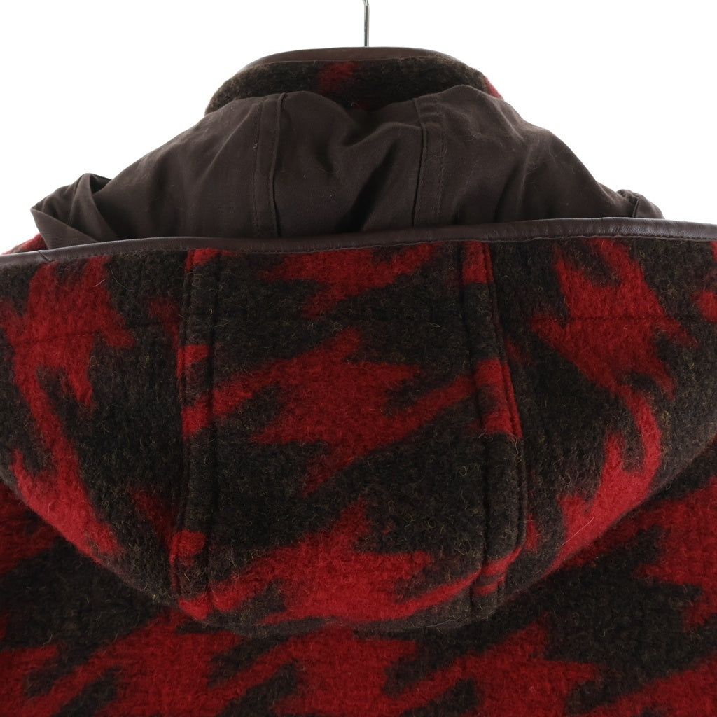 COACH(コーチ) 千鳥柄 エルボーパッチ フード付きウールコート レッド×ブラウン #XS レディース