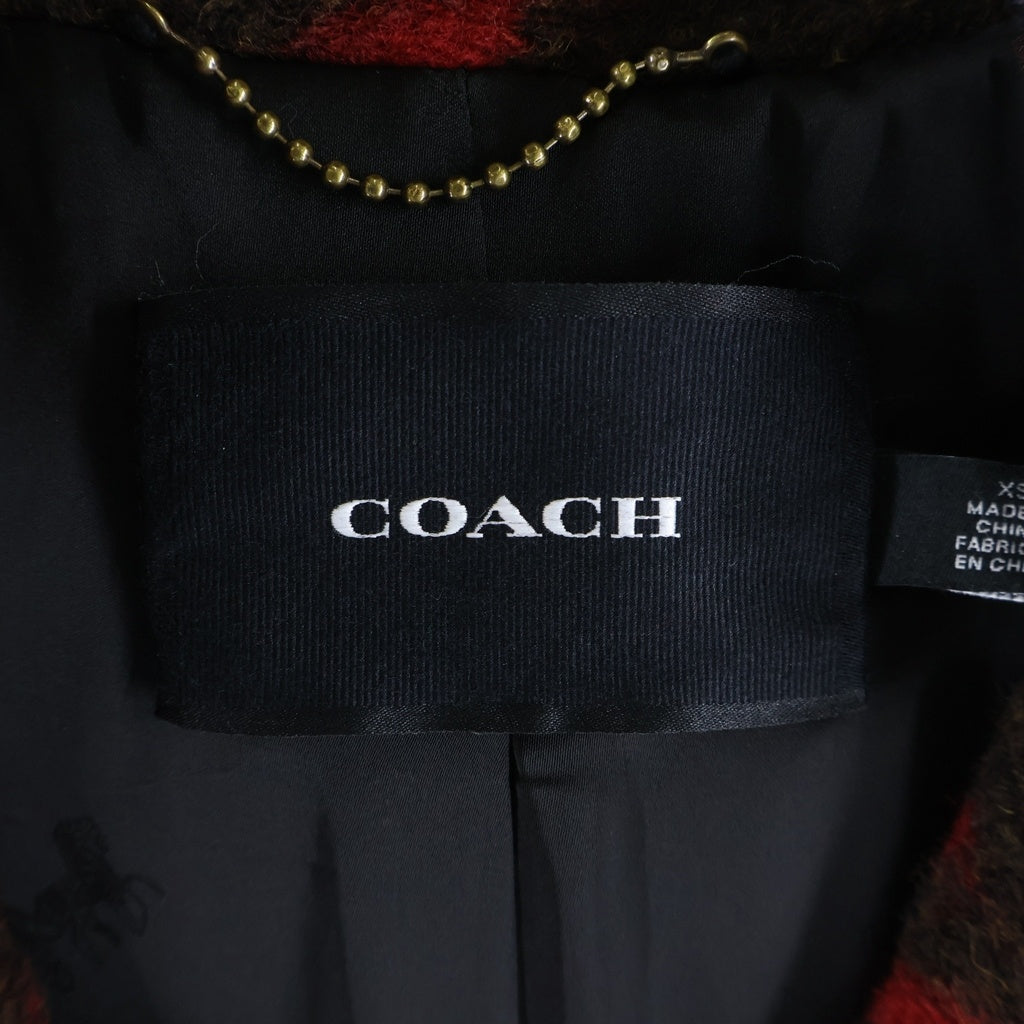 COACH(コーチ) 千鳥柄 エルボーパッチ フード付きウールコート レッド×ブラウン #XS レディース