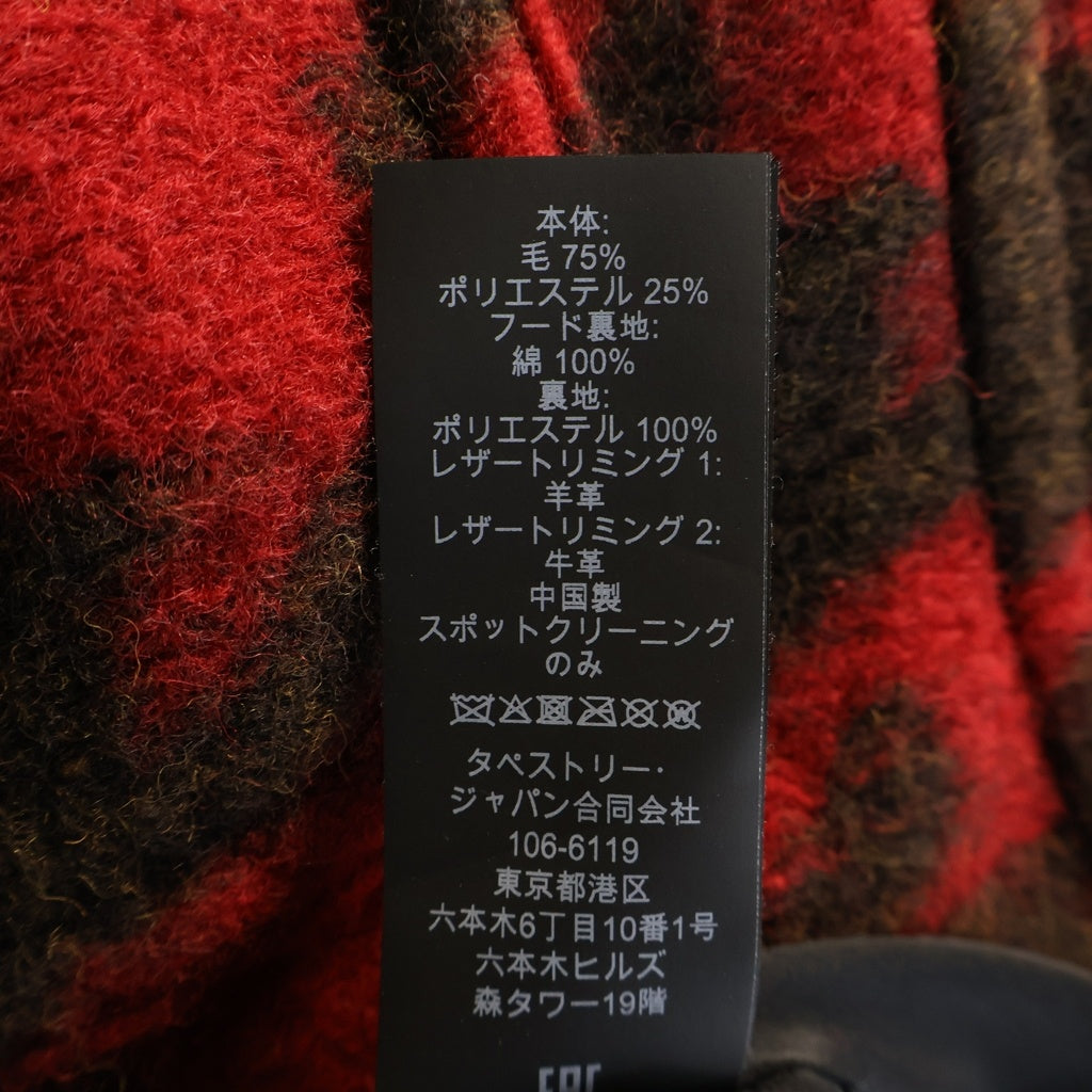 COACH(コーチ) 千鳥柄 エルボーパッチ フード付きウールコート レッド×ブラウン #XS レディース