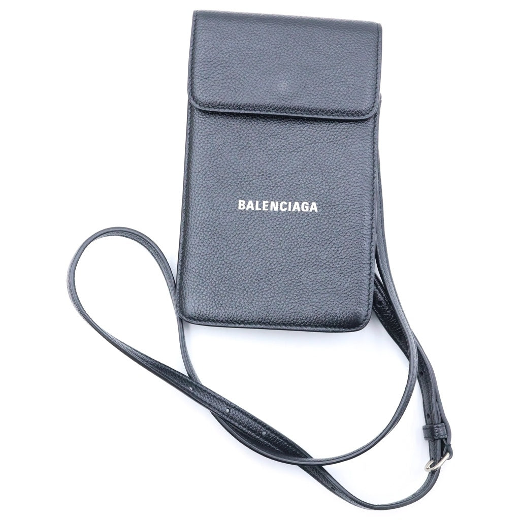 BALENCIAGA(バレンシアガ) ロゴスマートフォンケース ショルダーミニポーチ ブラック レザー 640536 シルバー金具 レディース