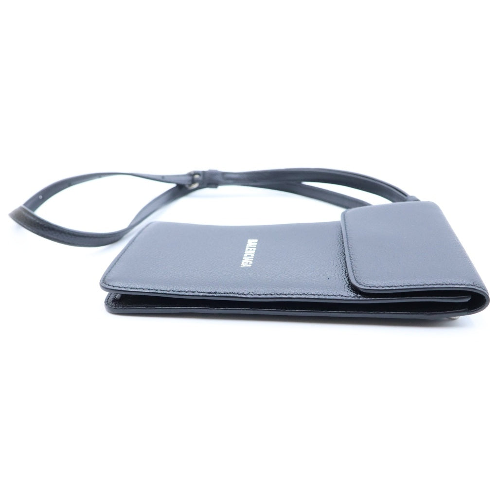BALENCIAGA(バレンシアガ) ロゴスマートフォンケース ショルダーミニポーチ ブラック レザー 640536 シルバー金具 レディース