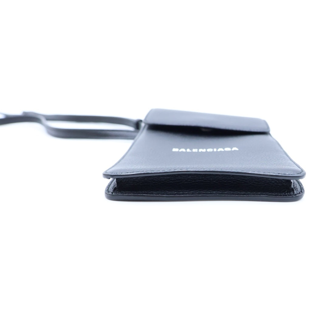 BALENCIAGA(バレンシアガ) ロゴスマートフォンケース ショルダーミニポーチ ブラック レザー 640536 シルバー金具 レディース